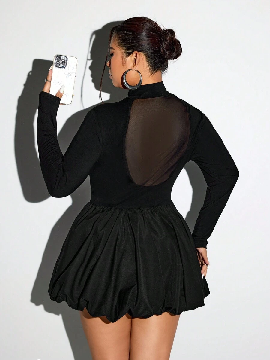 SHEIN ICON ICON Plus Size Women's Long Sleeve Bubble Dress, See Through Back Party Dress, Halloween Costume, Christmas Costume