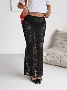 INAWLY Women Lace Sexy See-Through Skirt - Black - View 6