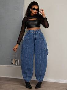 SHEIN SXY 1 件大码女式宽松高腰阔腿直筒牛仔裤 - 中等水洗藍 - 查看 3