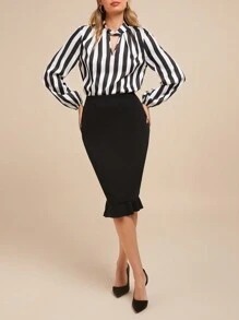 SHEIN Clasi 2pcs Set: Striped Cutout Waist Bodycon Ruffle Hem Skirt For Women - Multicolor - View 1