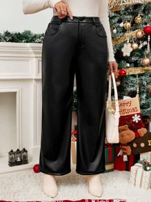 SHEIN LUNE 大码冬季纯色前扣口袋简约设计休闲羊毛保暖皮裤，日常穿着 - 黑色 - 查看 5