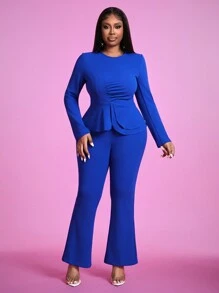 Slaydiva 优雅时尚大码女式两件套，长袖上衣和长裤套装 - 藍色 - 查看 14