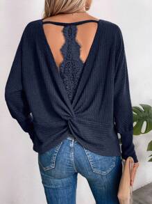 EMERY ROSE Textured Lace Splice Hollow Back Casual T-Shirt, Versatile - Navy Blue - View 6