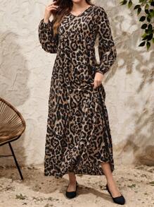 EMERY ROSE 女士豹纹 V 领灯笼袖休闲中长连衣裙 - 彩色 - 查看 7