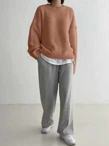 DAZY 秋冬休闲简约纯色落肩宽松针织毛衣 - 亮橙色 - 查看 2