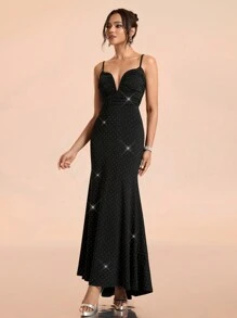 SHEIN Belle 圣诞节黑色水钻闪亮优雅性感深 V 领美人鱼下摆紧身连衣裙，正式晚会舞会礼服，适合婚礼嘉宾、毕业典礼、晚宴 - 黑色 - 查看 4