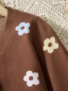 Bộ 2 áo len cardigan dài tay họa tiết hoa giản dị thanh lịch cho bé gái và quần ống rộng, thoải mái và đa năng để mặc ở nhà, mặc hàng ngày, đi chơi, thích hợp cho mùa thu/đông - Cà phê nâu - Xem 6