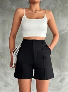SHEIN Tall 高中腰拉鍊褲襠縫細節短褲 - 黑色 - 查看 5