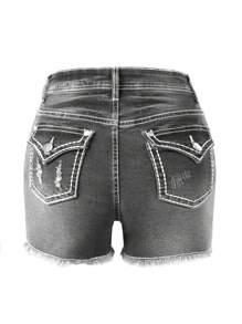 Women's Casual Washed Vintage Ripped Frayed Hem Fitted Denim Shorts - Grey - View 10