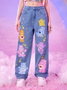 ROMWE X Care Bears 女士休闲可爱卡通熊印花宽松阔腿牛仔裤 - 中等水洗藍 - 查看 6