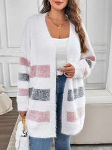 SHEIN LUNE 大码女式条纹落肩长袖宽松开衫，秋冬季休闲款 - 彩色 - 查看 1