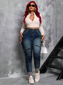 SHEIN SXY Jeggings elásticos de mezclilla con diseño desgastado y cintura alta para mujer de talla grande