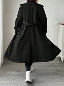 SHEIN EZwear Plus Size Solid Color Double-Breasted Casual Trench Coat, Autumn