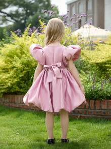 SHEIN Elegantes Puffkleid mit Schleife, geeignet für Geburtstagspartys, Urlaub und Blumenmädchen, Kleine Mädchen - Pink - Übersicht 2