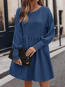 SHEIN LUNE 女士灯笼袖纹理 A 字短裙，卡其色，秋季 - 藍色 - 查看 4