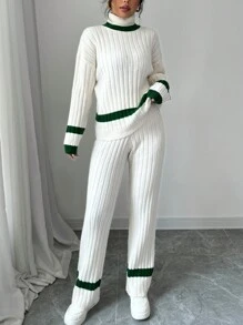 Chiquease 2pcs Set: Contrast Color Splicing Turtleneck Long Sleeve Sweater And Casual Pants, Simple Style Fall Cloth For Women - Multicolor - View 6