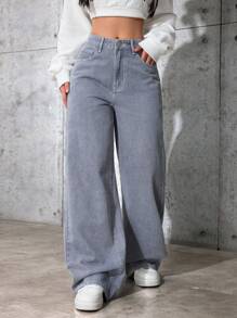 SHEIN ICON 休闲破洞宽松阔腿牛仔裤