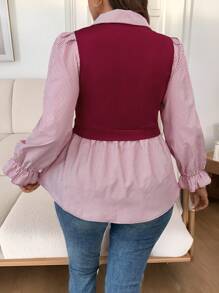 Calvaya Plus Size Women Contrasting Stripe Long Sleeve Casual 2 In 1 Top For Autumn