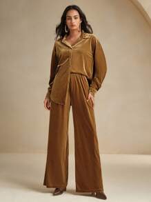 Anewsta 2 件 Miralce 复古通勤天鹅绒女式长袖单排扣衬衫和裤子套装 - 芥末黃 - 查看 1