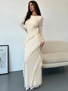 Aloruh Vestido Romântico para Encontro com Gola Babado, Manga Lanterna, Ajustado e Transparente, Cor Damasco