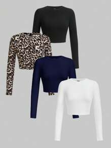 SHEIN Essnce 4pcs Set Of Leopard Print Long Sleeve T-Shirts For Women