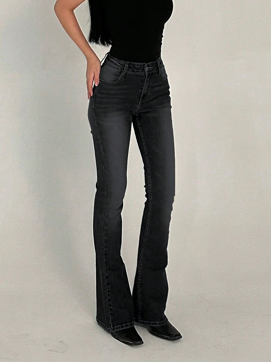 复古做旧修身喇叭弹力牛仔裤，女士休闲黑色春季款 - 黑色 - 查看 1