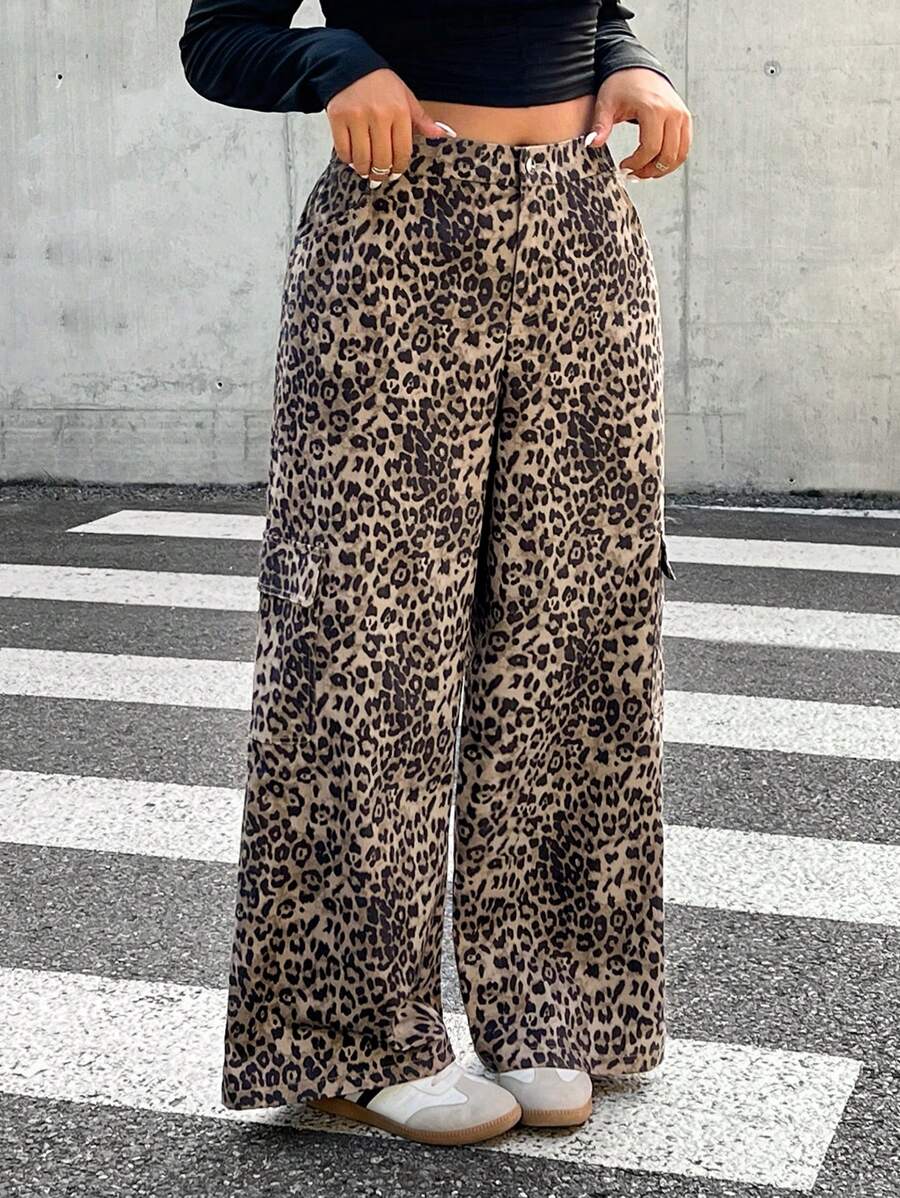 SHEIN EZwear Plus Size Casual Leopard Print Loose Palazzo Pants For Fall Outings