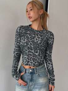 DAZY Women's Autumn Leopard Print Round Neck Fitted Long Sleeve Fashionable T-Shirt,Fall Women Clothes - Brown - View 8