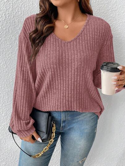 SHEIN Frenchy Plus Size Solid V-Neck Long Sleeve Simple T-Shirt, Casual For Daily Wear