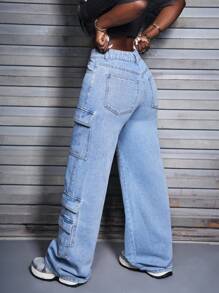 SHEIN Slayr Pantalones vaqueros de carga rectos con ajuste relajado y lavado para mujer - Azul - Ver 2