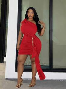 Slaydiva 大码 - 优雅高端，弹力针织修身棕色单肩系带链条装饰荷叶边下摆针织连衣裙 - L 曲线红色连衣裙曲线圣诞连衣裙红色性感连衣裙 - 紅色 - 查看 1