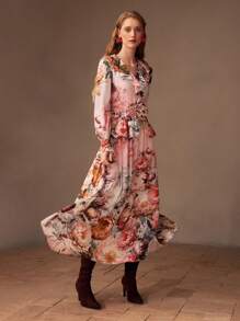 MOTF PREMIUM FLORAL PRINT V-NECK RUFFLE TRIM FLARE SLEEVE STEREO FLOWER PEPLUM WAIST LONG DRESS - Multicolor - View 5