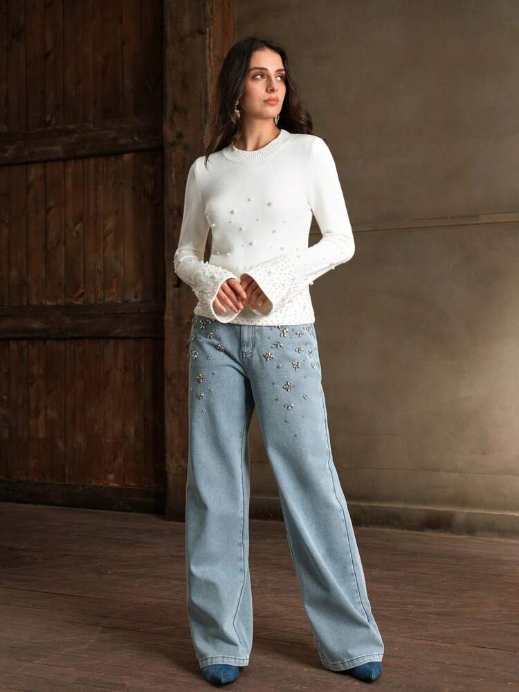 Christmas Elegant Crew Neck Bell Sleeve Pearl Embellished Knit Sweater, Autumn/Winter Knit Pullover Fall