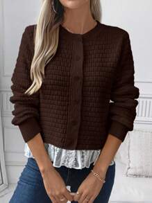 SHEIN Unity Chaqueta de punto casual de mujer con bloqueo de color y encaje, para otoño/invierno - Café integral - Ver 3