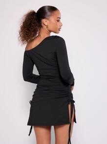 MUSERA Asymmetrical Neck Long Sleeve Mini Dress Spring Sexy Cute Summer  New Year Thanksgiving Winter Fall - Black - View 4