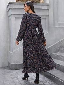 SHEIN LUNE Sukienka w kształcie litery A z falbaną w serek, rękaw dzwonkowy, wielowarstwowy dół z kwiatowym wzorem w stylu vintage, elegancka na co dzień i do pracy, jesień/zima