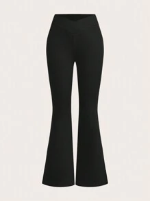 SHEIN EZwear 2pcs Women High Waist Criss-Cross Design Black & Grey Leggings, Casual Fitted Warm Fleece Pants Set For Autumn/Winter