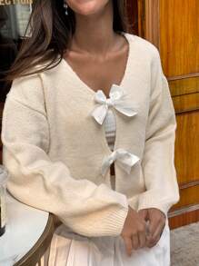 Chiquease Solid Color V-Neck Cute Bow Decor Women Sweater Knit Pullover Fall Winter - Apricot - View 5