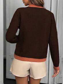 SHEIN LUNE 1pc Women's Contrast Color Trim Front Button Casual Cardigan, Versatile Long Sleeve - Coffee Brown - View 2