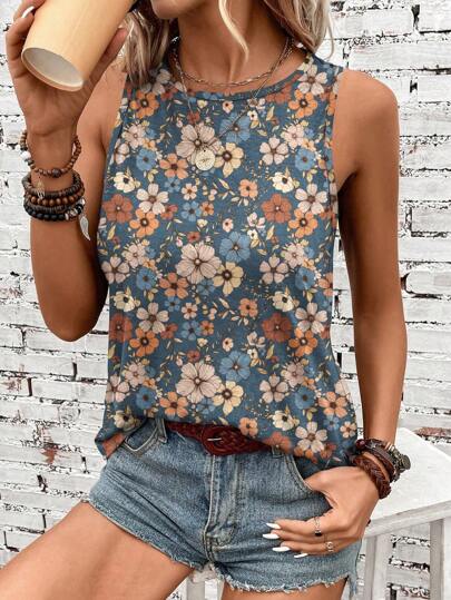 EMERY ROSE Casual Retro Floral Pattern Round Neck Women Tank Top, Suitable For Autumn And Summer Suitable For Going Out