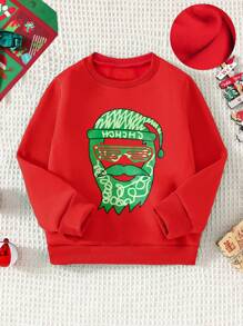 Young Boy Winter Fleece Crew Neck Sweatshirt, Red, Christmas Style With Santa Claus & Fluorescent Green Graphic, Casual Loose Comfortable Streetwear, Family Matching Set