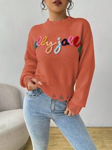 SHEIN Unity Women Letter Pattern Drop Shoulder Long Sleeve Loose Casual Sweater, Autumn/Winter Knit Pullover Fall - Orange - View 4