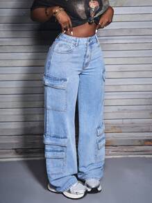 SHEIN Slayr Pantalones vaqueros de carga rectos con ajuste relajado y lavado para mujer - Azul - Ver 7