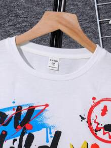 Camiseta de manga larga informal con estilo urbano para niño preadolescente, con diseño gráfico de oso y letras graffiti, adecuada para trayectos, escuela, uso diario casual, deportes, otoño e invierno