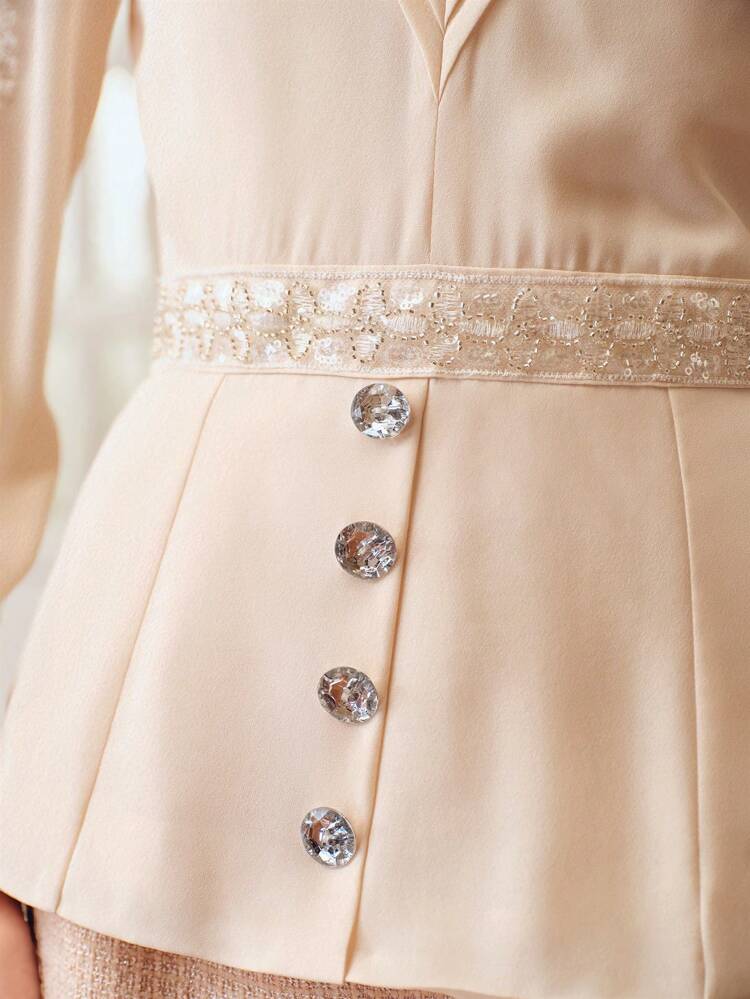 ZEYLAH V-NECK LACE INSERT BEADED WAIST PEPLUM TOP