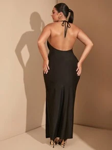 SHEIN BAE Váy cơ bản tối giản cỡ lớn dành cho nữ, váy dài hở lưng xẻ tà trước xếp nếp thanh lịch dành cho hẹn hò, đi nghỉ, đi học, những dịp trang trọng, màu đen, mùa thu, váy sinh nhật dành cho nữ - màu đen - Xem 2