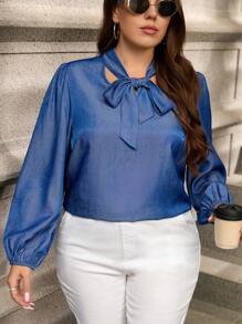 SHEIN Clasi Plus Size Women Office Lady Denim Blue Ribbon Collar Loose Blouse, Autumn