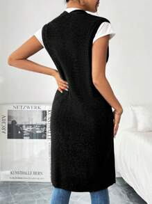 Chiquease 女式无袖前开长款开衫，纯色，休闲，秋季 - 黑色 - 查看 2