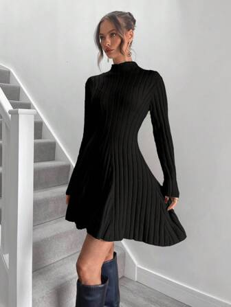 Roylia 女士纯色立领长袖短款休闲毛衣连衣裙，秋冬