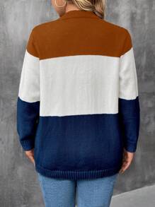 SHEIN LUNE 大码休闲日常穿着宽松前开撞色开衫，秋冬 - 棕色 - 查看 2